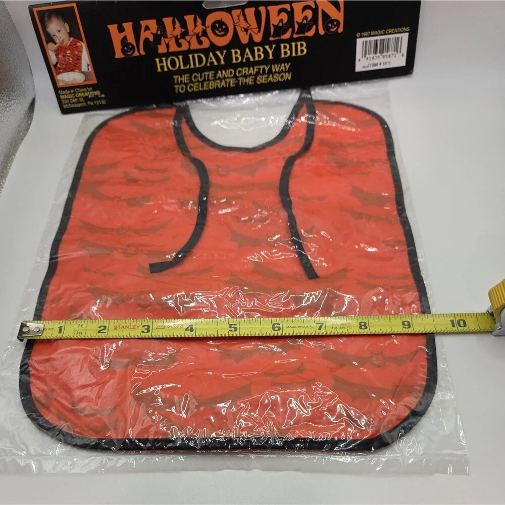 Vintage Halloween Baby Bib Orange Black Bats Yellow Moon 90s Toddler New Sealed